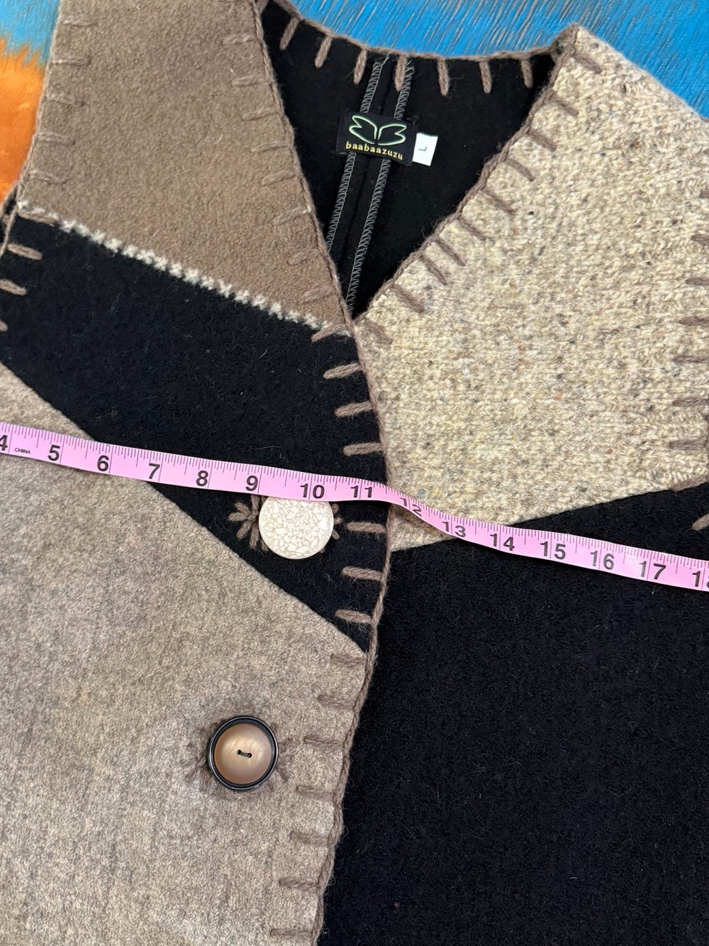 Baabaazuzu Wool Patchwork Vest large handmade USA - Picture 9 of 10